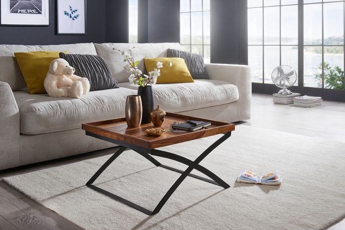 FineBuy Couchtisch FB50967 63x39x63cm Sheesham Massivholz / Metall Sofatisch, Design Wohnzimmertisch Industrial Style, Stubentisch braun / schwarz, Designer Kaffeetisch massiv, Tisch quadratisch 4250950286207