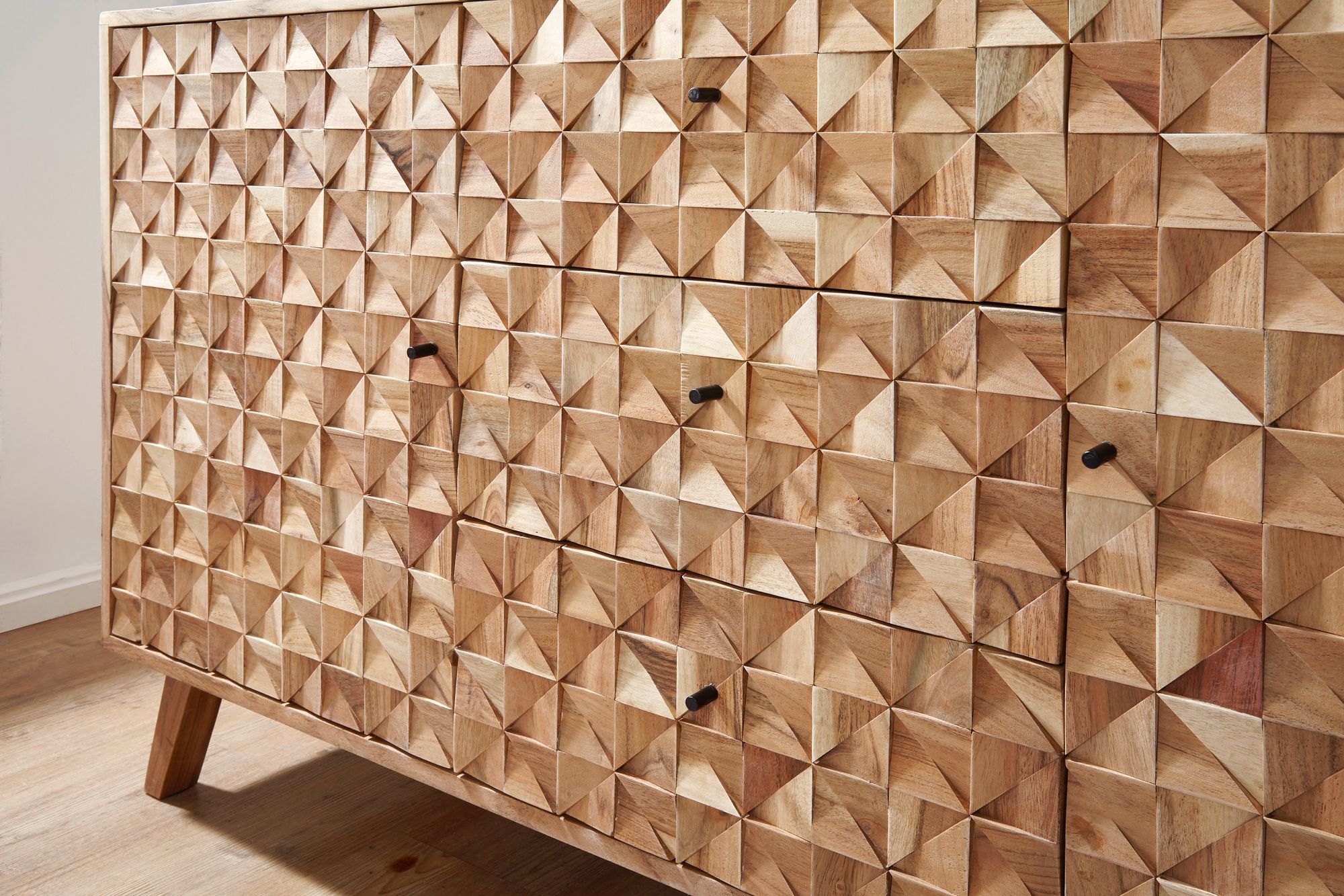 FineBuy Sideboard Akazie Massivholz 140 cm 2 Türen & 3 Schubladen - Massive Retro Kommode mit Design Front -  Natur Anrichte - Handmade Industrial | Farbe: Braun