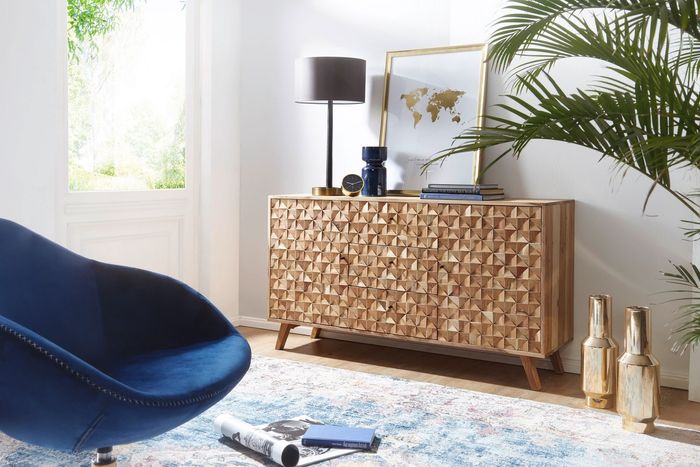 FineBuy Sideboard 140x78,5x40 cm Anrichte Massivholz Akazie Schrank Braun, Landhaus-Stil Kommode mit 3 Schubladen & 2 Türen, Flurschrank Echtholz, Schubladenkommode Massiv, Flurkommode 4250950286245