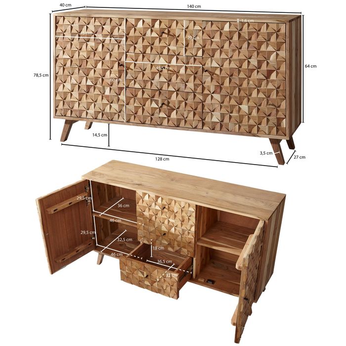 Massivholz Sideboard 140cm Akazie Natur Kommode mit 2 Türen & 3 Schubladen aufwendige Retro 3D Design Optik – Maßzeichnung