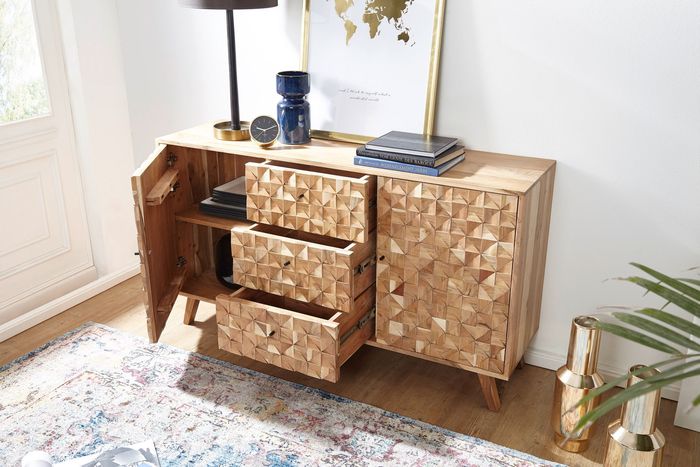 FineBuy Sideboard 140x78,5x40 cm Anrichte Massivholz Akazie Schrank Braun, Landhaus-Stil Kommode mit 3 Schubladen & 2 Türen, Flurschrank Echtholz, Schubladenkommode Massiv, Flurkommode 4250950286245