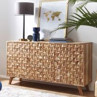 Massivholz Sideboard 140cm Akazie Natur Kommode mit 2 Türen & 3 Schubladen aufwendige Retro 3D Design Optik – Ansicht 1