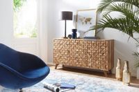 Massivholz Sideboard 140cm Akazie Natur Kommode mit 2 Türen & 3 Schubladen aufwendige Retro 3D Design Optik – Ansicht 2