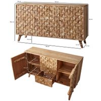 Massivholz Sideboard 140cm Akazie Natur Kommode mit 2 Türen & 3 Schubladen aufwendige Retro 3D Design Optik – Ansicht 3