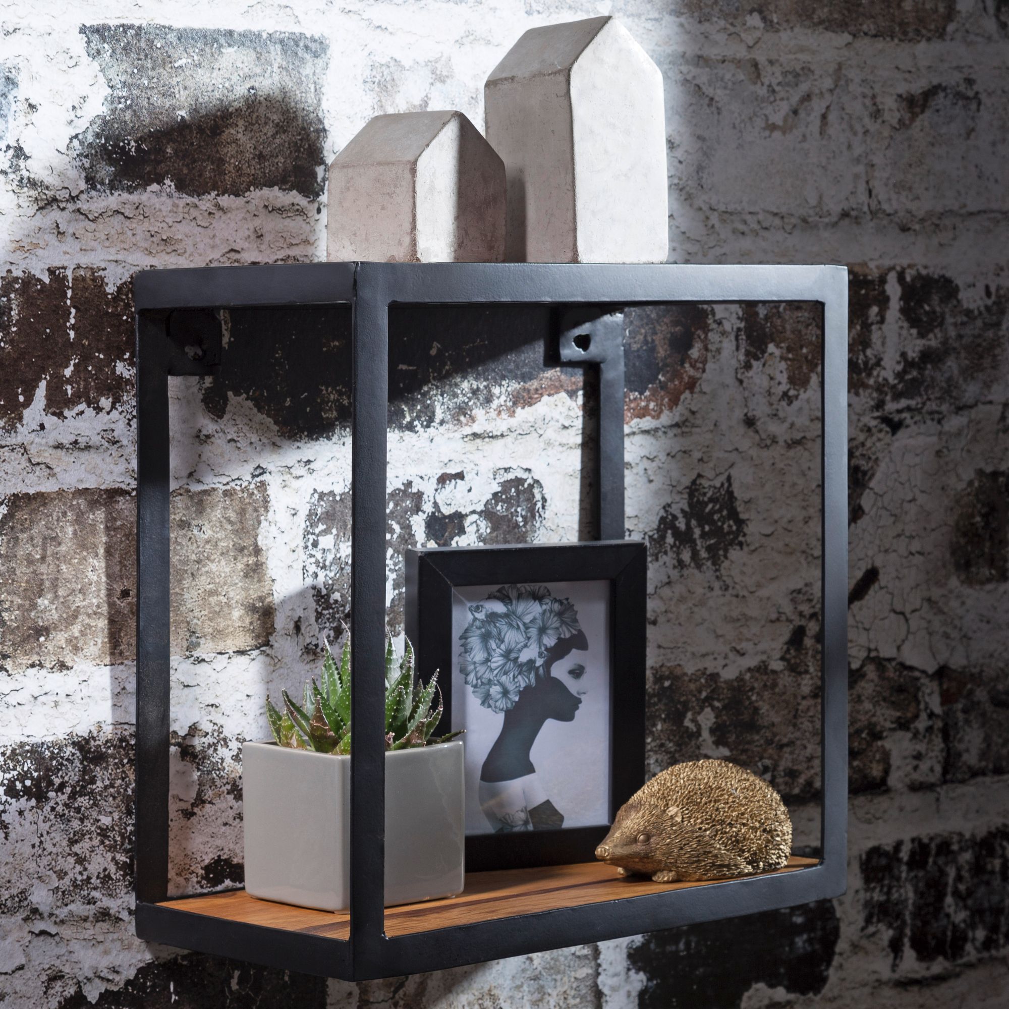 FineBuy Wandregal PURI 35x18x35 cm Sheesham Massivholz, Bücherregal hängend, Metallregal mit Echtholz Regalboden, Holzregal quadratisch, Dekoregal Hängeregal | Farbe: Schwarz