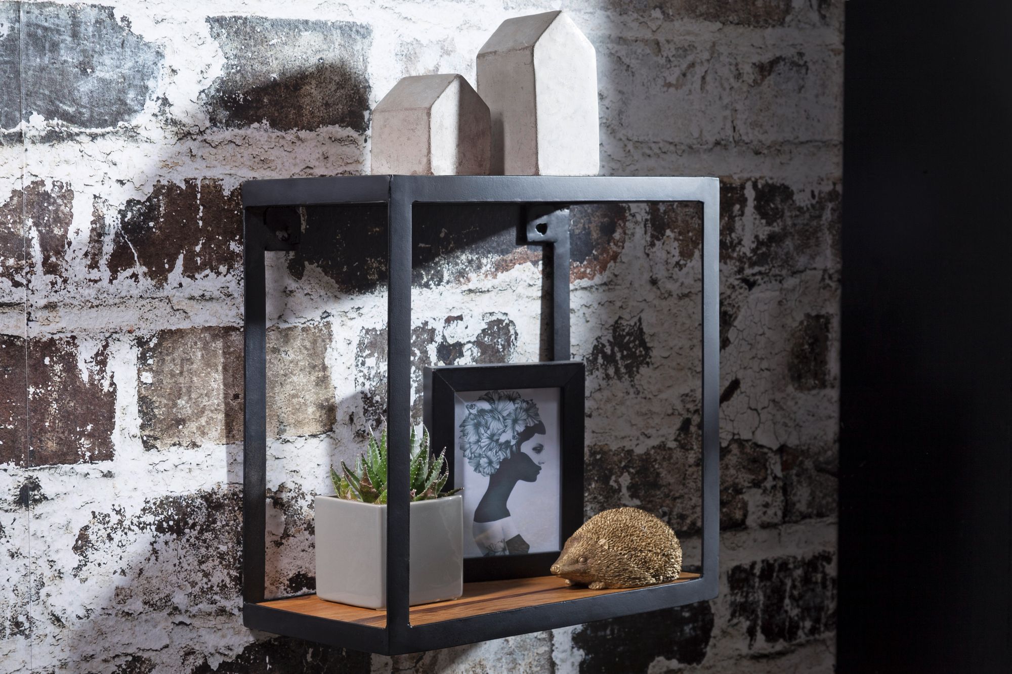 FineBuy Wandregal PURI 35x18x35 cm Sheesham Massivholz, Bücherregal hängend, Metallregal mit Echtholz Regalboden, Holzregal quadratisch, Dekoregal Hängeregal | Farbe: Schwarz