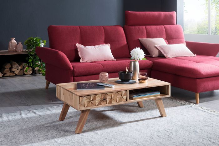 FineBuy Couchtisch REWA 95x35x50 cm Akazie Massivholz Sofatisch, Design Wohnzimmertisch mit Schublade, Stubentisch Landhaus braun, Designer Holztisch Kaffeetisch massiv, Tisch Wohnzimmer modern 4250950286320