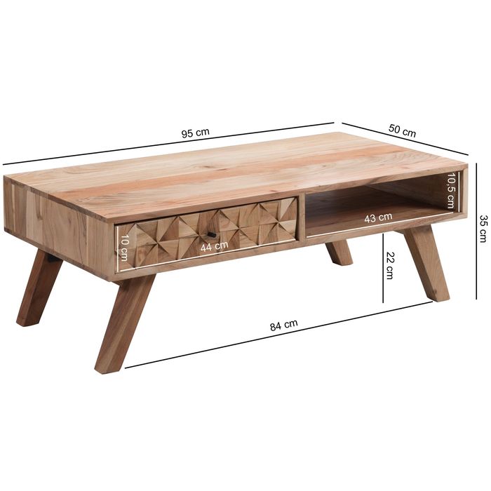 Couchtisch Akazie Massivholz 95cm Wohnzimmertisch Schublade Ablage Retro Design – Maßzeichnung