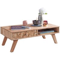 Couchtisch Akazie Massivholz 95cm Wohnzimmertisch Schublade Ablage Retro Design – Ansicht 6