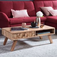 Couchtisch Akazie Massivholz 95cm Wohnzimmertisch Schublade Ablage Retro Design – Ansicht 1