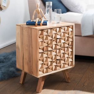 FB50996 FineBuy Nachtkonsole REWA 44x61x35cm Akazie Massivholz Nachtschrank hoch, Nachtkommode Boxspringbett, Nachttisch Schubladen, Nachtkästchen Nachttischschrank