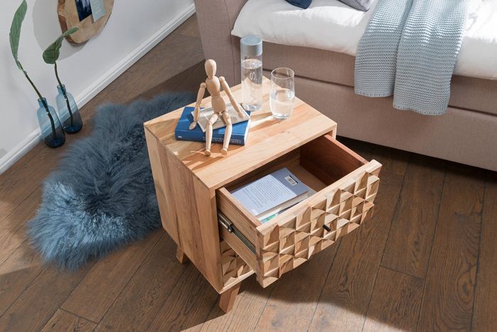 FineBuy Nachtkonsole REWA 44x61x35cm Akazie Massivholz Nachtschrank hoch, Nachtkommode Boxspringbett, Nachttisch Schubladen, Nachtkästchen Nachttischschrank