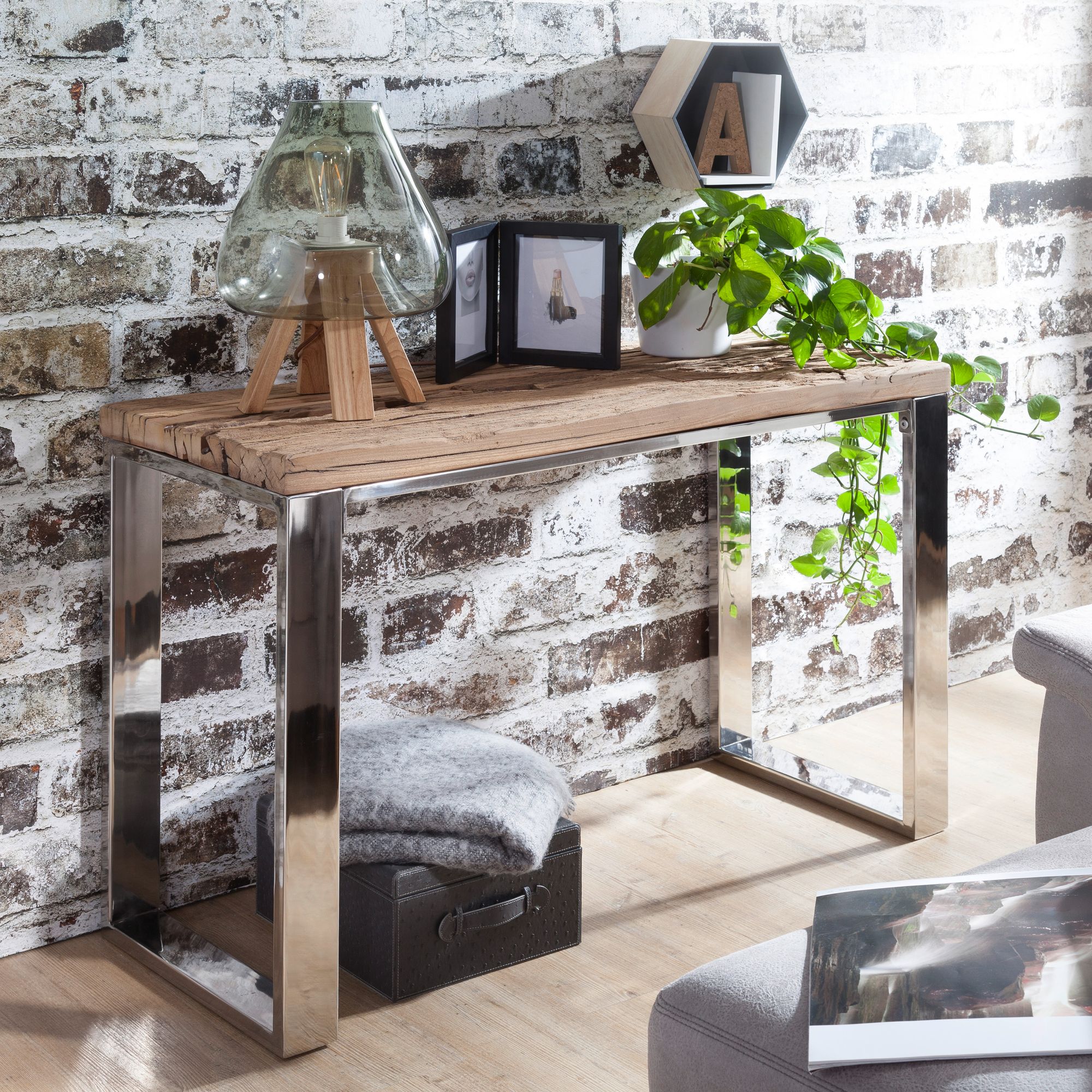 FineBuy Konsolentisch 115x76x46 cm Massiv-Holz Natur, Konsole rustikal Wohnzimmer, Anrichte Flur Diele Gang Schmal, Schminktisch Industrial Style, Echtholz Frisiertisch Schlafzimmer Hoch | Farbe: Braun