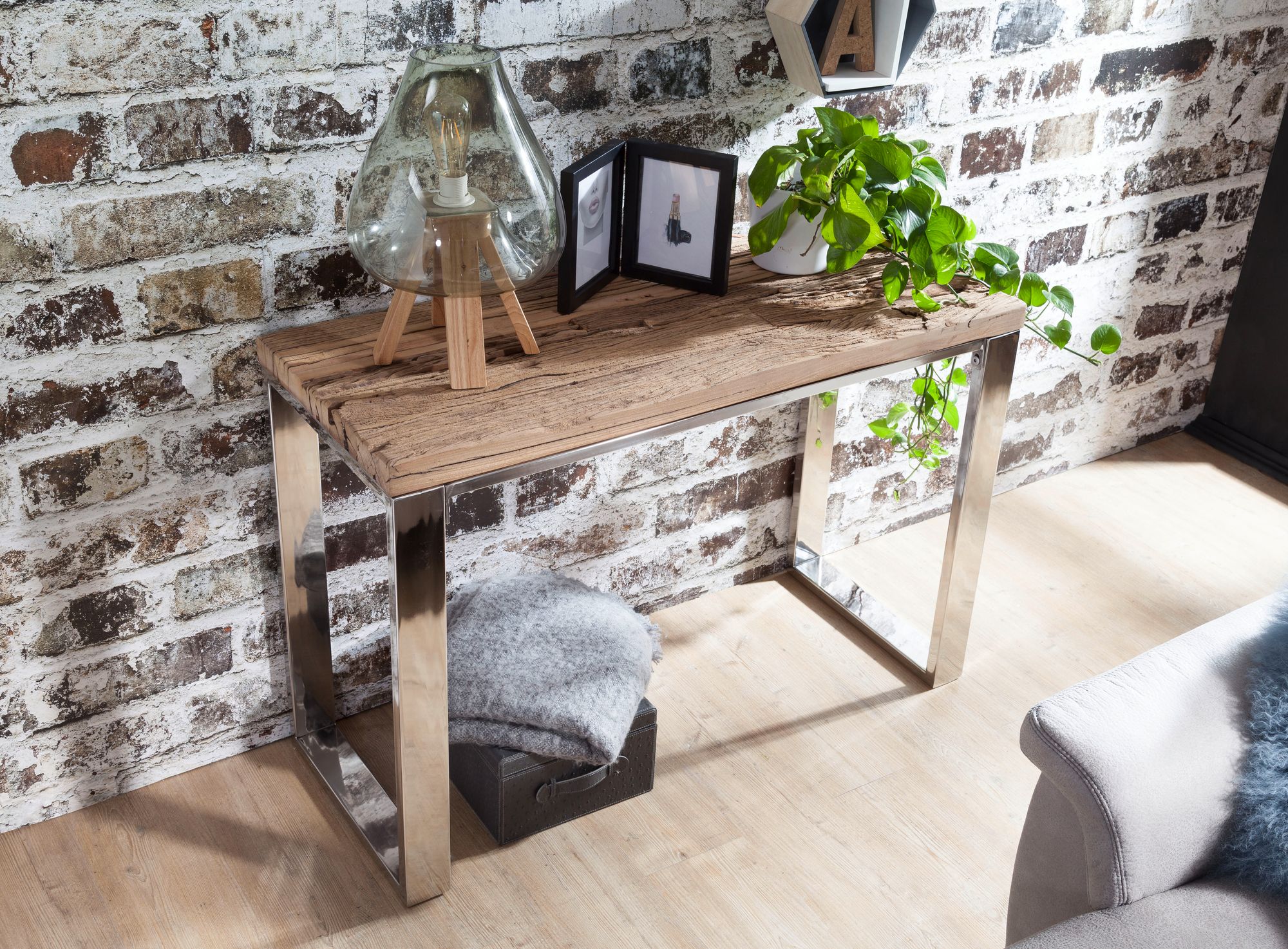 FineBuy Konsolentisch 115x76x46 cm Massiv-Holz Natur, Konsole rustikal Wohnzimmer, Anrichte Flur Diele Gang Schmal, Schminktisch Industrial Style, Echtholz Frisiertisch Schlafzimmer Hoch | Farbe: Braun
