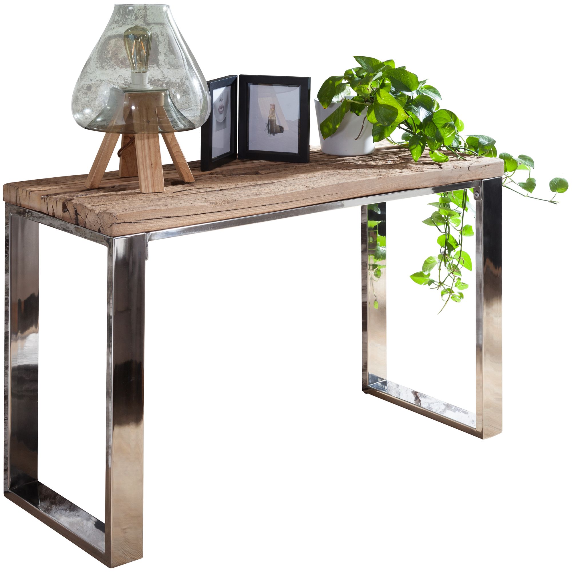 FineBuy Konsolentisch 115x76x46 cm Massiv-Holz Natur, Konsole rustikal Wohnzimmer, Anrichte Flur Diele Gang Schmal, Schminktisch Industrial Style, Echtholz Frisiertisch Schlafzimmer Hoch | Farbe: Braun
