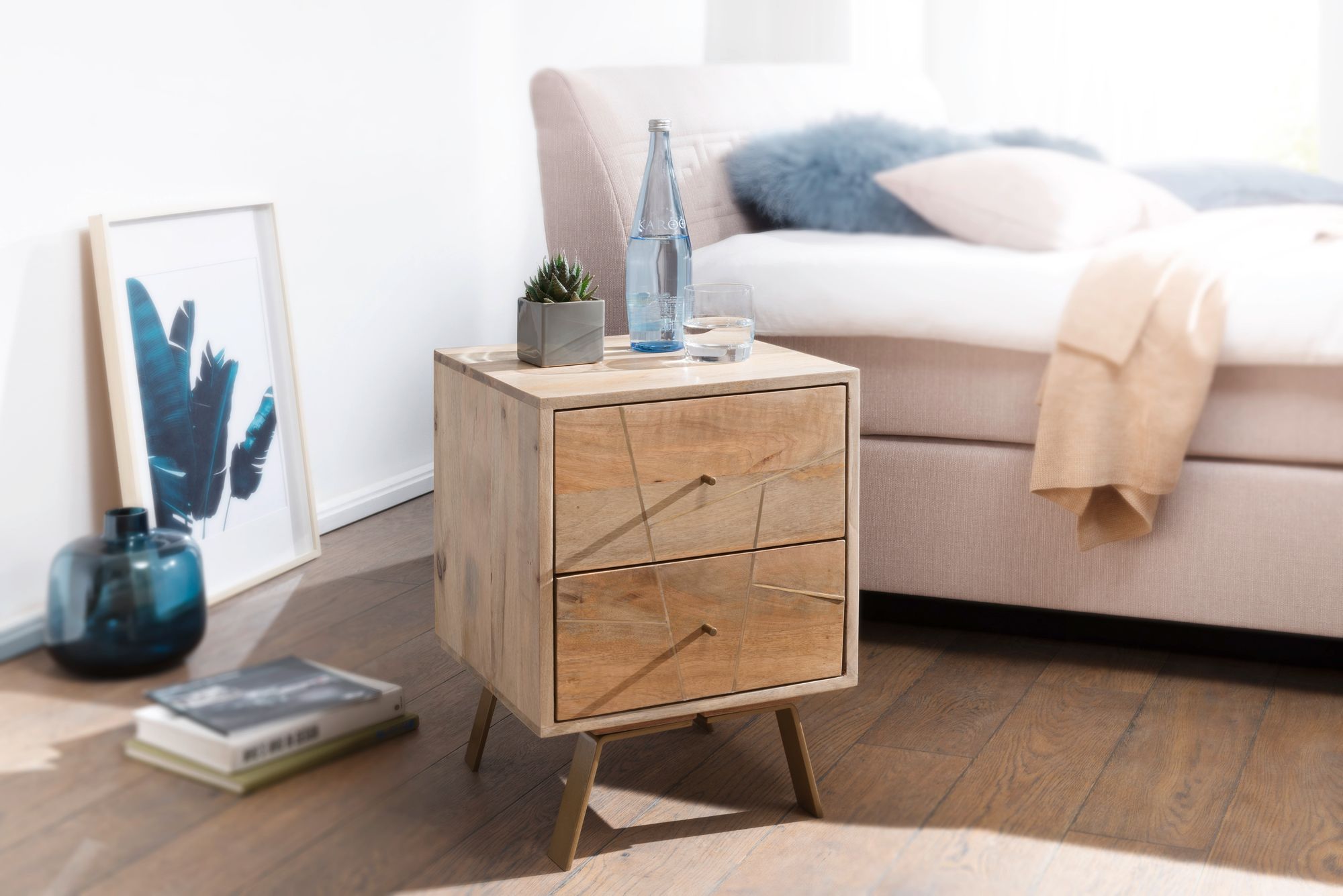 FineBuy Nachtkonsole aus Mango Massivholz mit 2 Schubladen – moderner Nachttisch für Boxspringbetten im Natur Design, Nachtkästchen handgefertigt 40x56x40 cm | Farbe: Braun