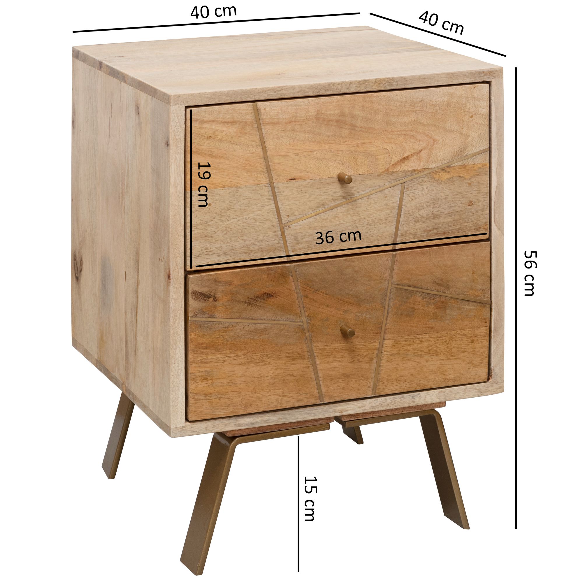 FineBuy Nachtkonsole aus Mango Massivholz mit 2 Schubladen – moderner Nachttisch für Boxspringbetten im Natur Design, Nachtkästchen handgefertigt 40x56x40 cm | Farbe: Braun
