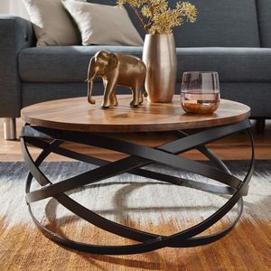 FB51030 FineBuy Couchtisch MANUR 60x30x60 cm Sheesham Massivholz / Metall Sofatisch, Design Wohnzimmertisch Rund, Stubentisch Industrial Braun, Designer Holztisch Kaffeetisch Massiv, Tisch Wohnzimmer 4250950286443