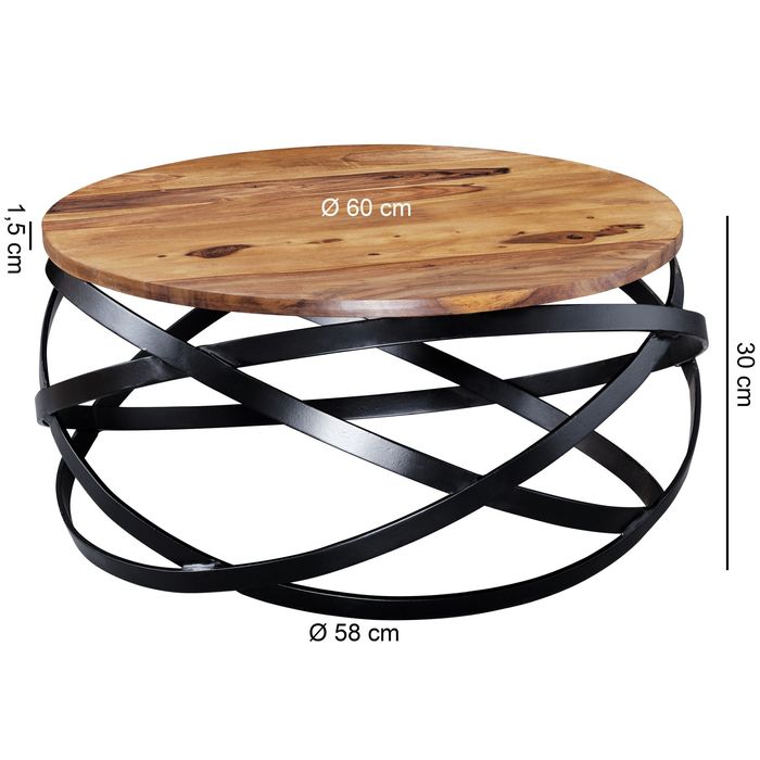 FineBuy Couchtisch MANUR Sheesham Massivholz rund Ø 60 cm Wohnzimmertisch Metall – Maßzeichnung