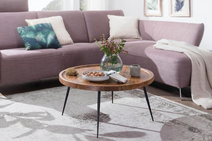 FineBuy Couchtisch 75x39x75 cm Sheesham Massivholz / Metall Sofatisch, Design Wohnzimmertisch rund, Stubentisch Retro braun, Designer Holztisch Kaffeetisch massiv, Tisch Wohnzimmer 4250950286481