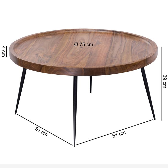 FineBuy Couchtisch Sheesham Massivholz rund Ø 75 cm Wohnzimmertisch Metall Retro – Maßzeichnung
