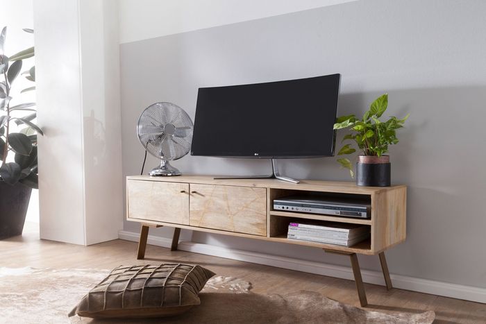 FineBuy HiFi Lowboard SIKAR Mango Massivholz Landhaus TV Kommode 145 x 47 x 35 cm, Fernsehschrank Unterschrank mit 2 Türen, Fernsehtisch Ablagefach, Fernsehkommode TV Möbel, TV-Board Wohnzimmer 4250950286580