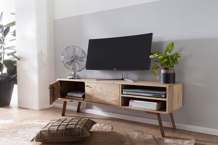 FineBuy HiFi Lowboard SIKAR Mango Massivholz Landhaus TV Kommode 145 x 47 x 35 cm, Fernsehschrank Unterschrank mit 2 Türen, Fernsehtisch Ablagefach, Fernsehkommode TV Möbel, TV-Board Wohnzimmer 4250950286580