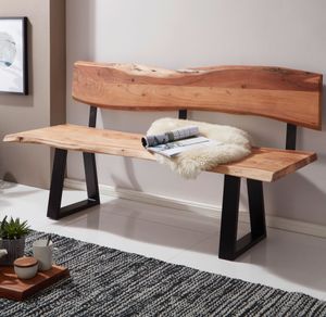 FB51355 FineBuy Esszimmerbank TREE 180x85,5x60 cm Akazie Massivholz Bank mit Baumkante, Sitzbank Holzbank mit Lehne, Küchenbank Essbank Holz Landhausstil, Baumstamm Küchensitzbank 4 Sitzer Massiv 4250950286801