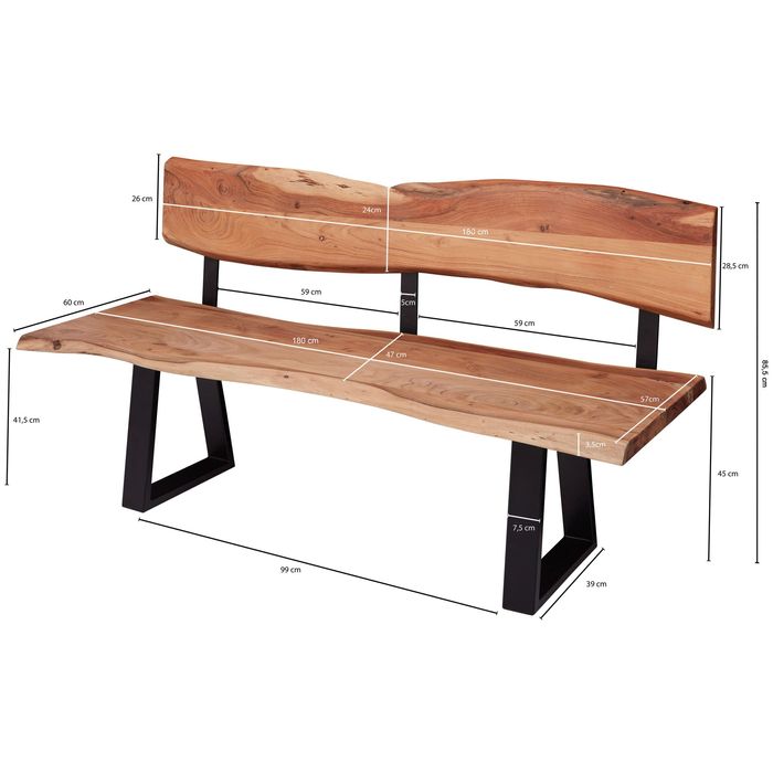 FineBuy Esszimmerbank TREE 180cm Essbank mit Lehne Baumkante Sitzbank Bank Holz – Maßzeichnung