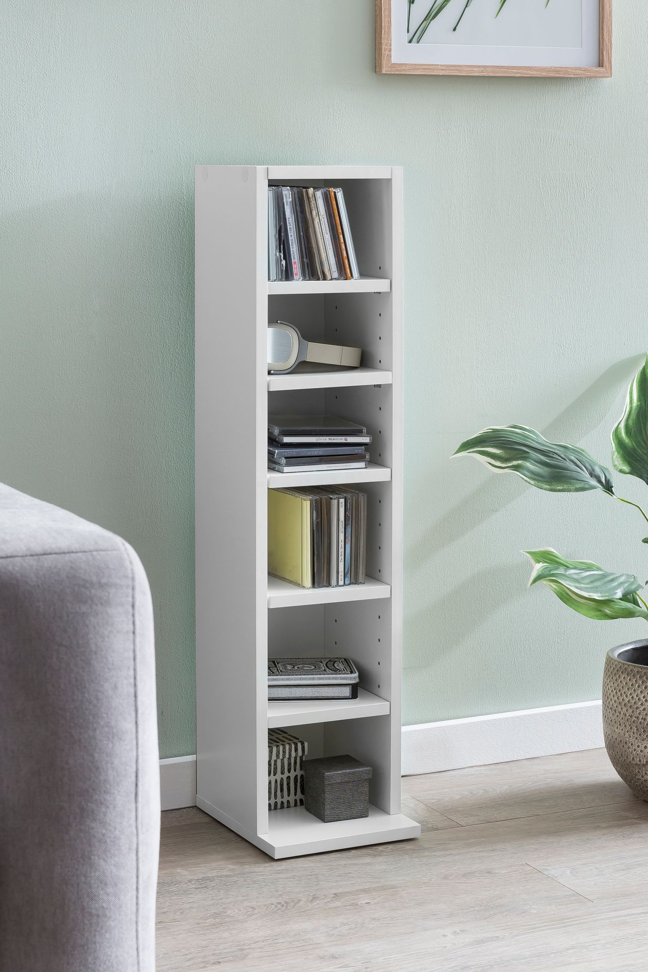 FineBuy Design Bücherregal SV51375 mit 6 Fächern 21 x 91 x 25,5 cm, Standregal Holz Regal Freistehend Flur, Schmales Wandregal Kinderzimmer, Nischenregal Modern | Farbe: Weiß