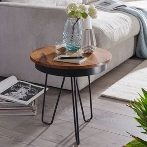 FineBuy Industrial Beistelltisch Ø43 x 45 cm Rund Sheesham Massivholz mit Metall Gestell, Kleiner Wohnzimmertisch Echtholz, Couchtisch Sofatisch