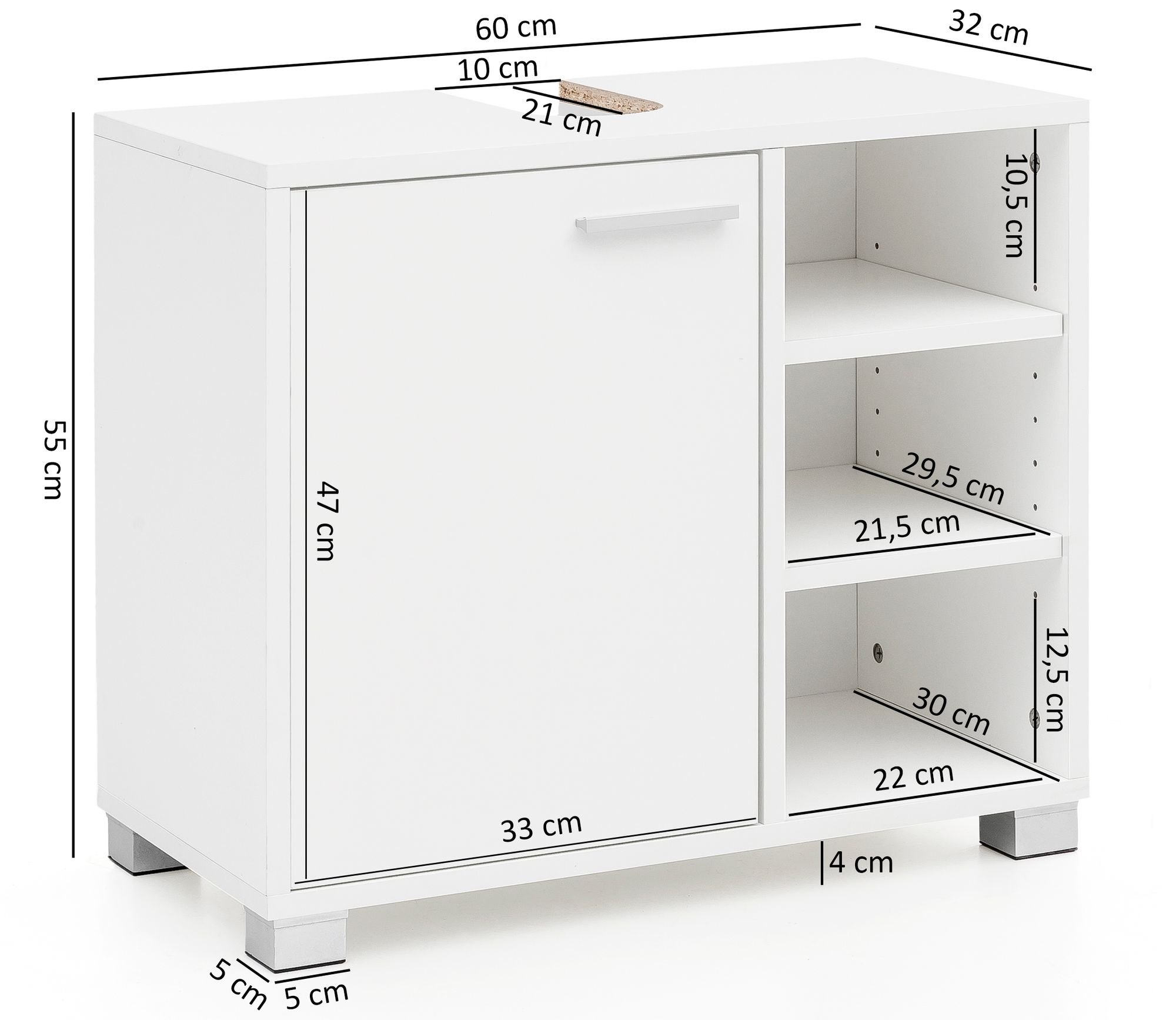 FineBuy Waschbeckenunterschrank 60x55x32 cm weiß mit Tür, Unterschrank Waschbecken Badezimmer, Waschtischunterschrank mit Fächern, Badezimmerschrank mit Ablage | Farbe: Weiß