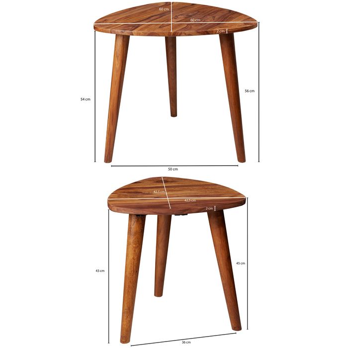 FineBuy 2er Set Beistelltisch Sheesham Holz Massiv Wohnzimmer Tisch Couchtisch – Maßzeichnung