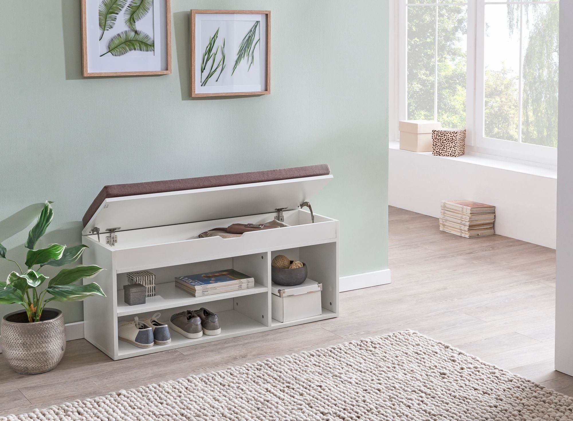 FineBuy Schuhbank mit Sitzfläche Garderoben-Bank Holz 104x51x32 cm, Holzbank klein gepolstert, Sitzbank schmal Flur mit Stauraum, Truhenbank Schuhtruhe Flurmöbel | Farbe: Grau