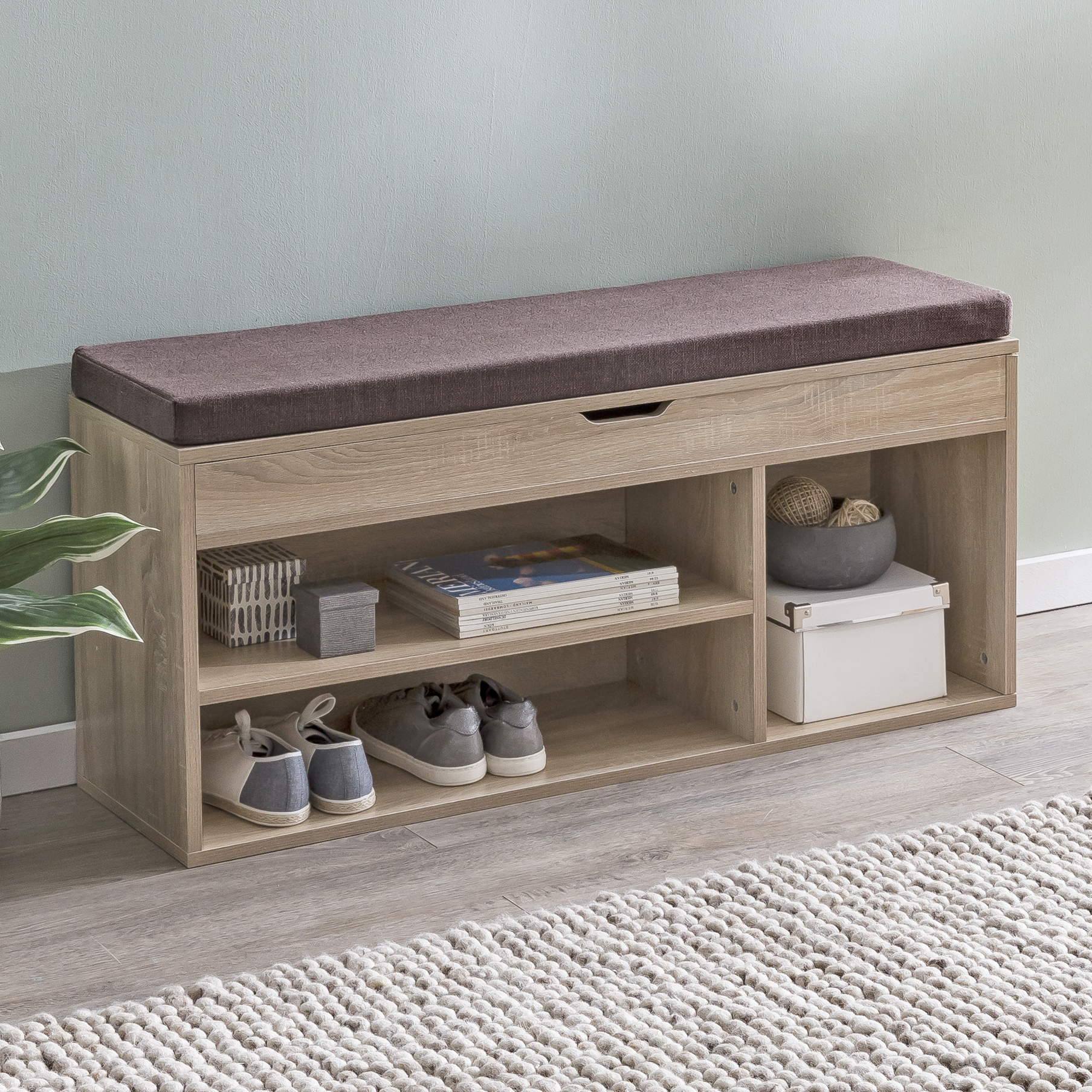 FineBuy Schuhbank mit Sitzfläche Garderoben-Bank Holz 104x51x32 cm, Holzbank klein gepolstert, Sitzbank schmal Flur mit Stauraum, Truhenbank Schuhtruhe Flurmöbel | Farbe: Grau