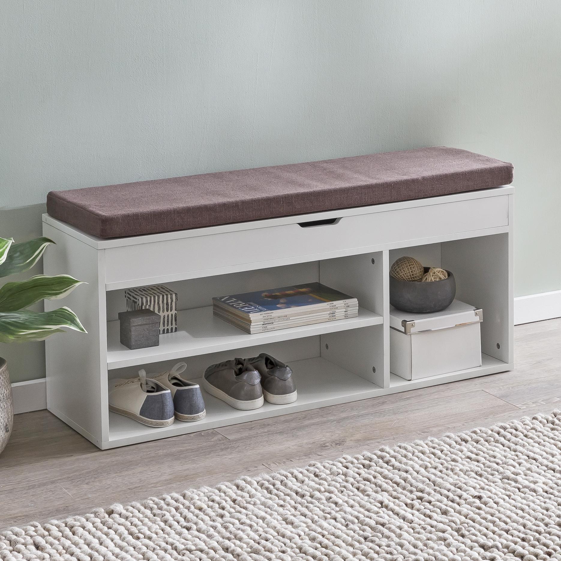 FineBuy Schuhbank mit Sitzfläche Garderoben-Bank Holz 104x51x32 cm, Holzbank klein gepolstert, Sitzbank schmal Flur mit Stauraum, Truhenbank Schuhtruhe Flurmöbel | Farbe: Grau