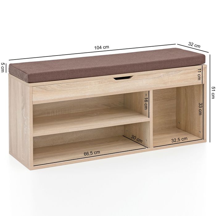FineBuy Schuhbank 104x51x32 cm Garderobenbank Sitzbank Stoff Flurbank – Maßzeichnung
