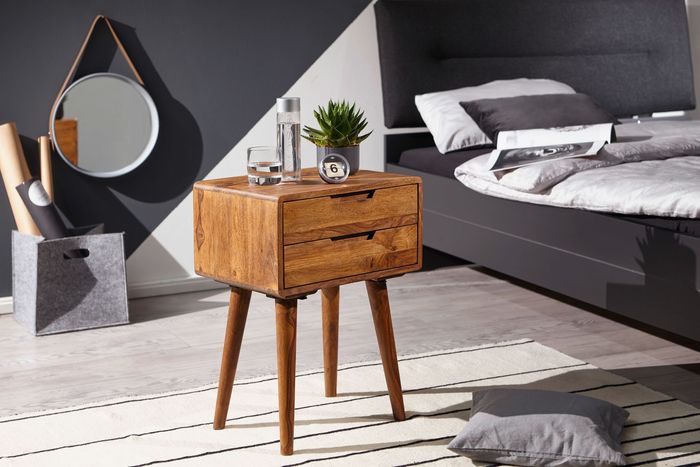 FineBuy Nachtkonsole 47 x 66 x 36 cm FB51403 Sheesham Nachttisch Boxspringbett, Nachtkästchen 2 Schubladen Landhausstil, Nachtkommode Bett Massivholz Bett, Nachtschrank modern Nachtkasten braun 4250950287037