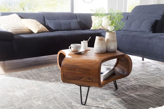 FineBuy Couchtisch FB51410 Sheesham massiv Holz 55 x 55 x 38 cm Ablage & Metallgestell, Retro Wohnzimmertisch Massivholz braun, Sofatisch modern Holztisch, Tisch mit Fach Wohnzimmer 4250950287099