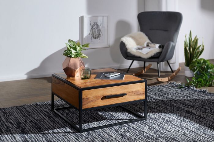 FineBuy Couchtisch FB51417 Massivholz / Metall Sofatisch 65 x 38 x 65 cm, Design Wohnzimmertisch Sheesham, Stubentisch Industrial Braun, Designer Holztisch Kaffeetisch massiv, Tisch Wohnzimmer 4250950287150