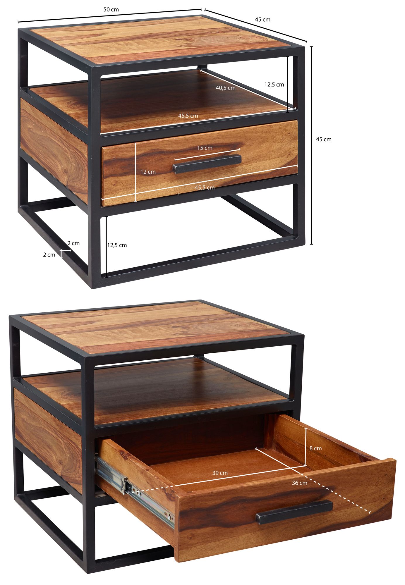 FineBuy Nachtkonsole Sheesham Massivholz mit Schublade & Ablage – Nachttisch im Industrial Design - Nachtkästchen handgefertigt fürs Schlafzimmer 50x45x45 cm | Farbe: Braun