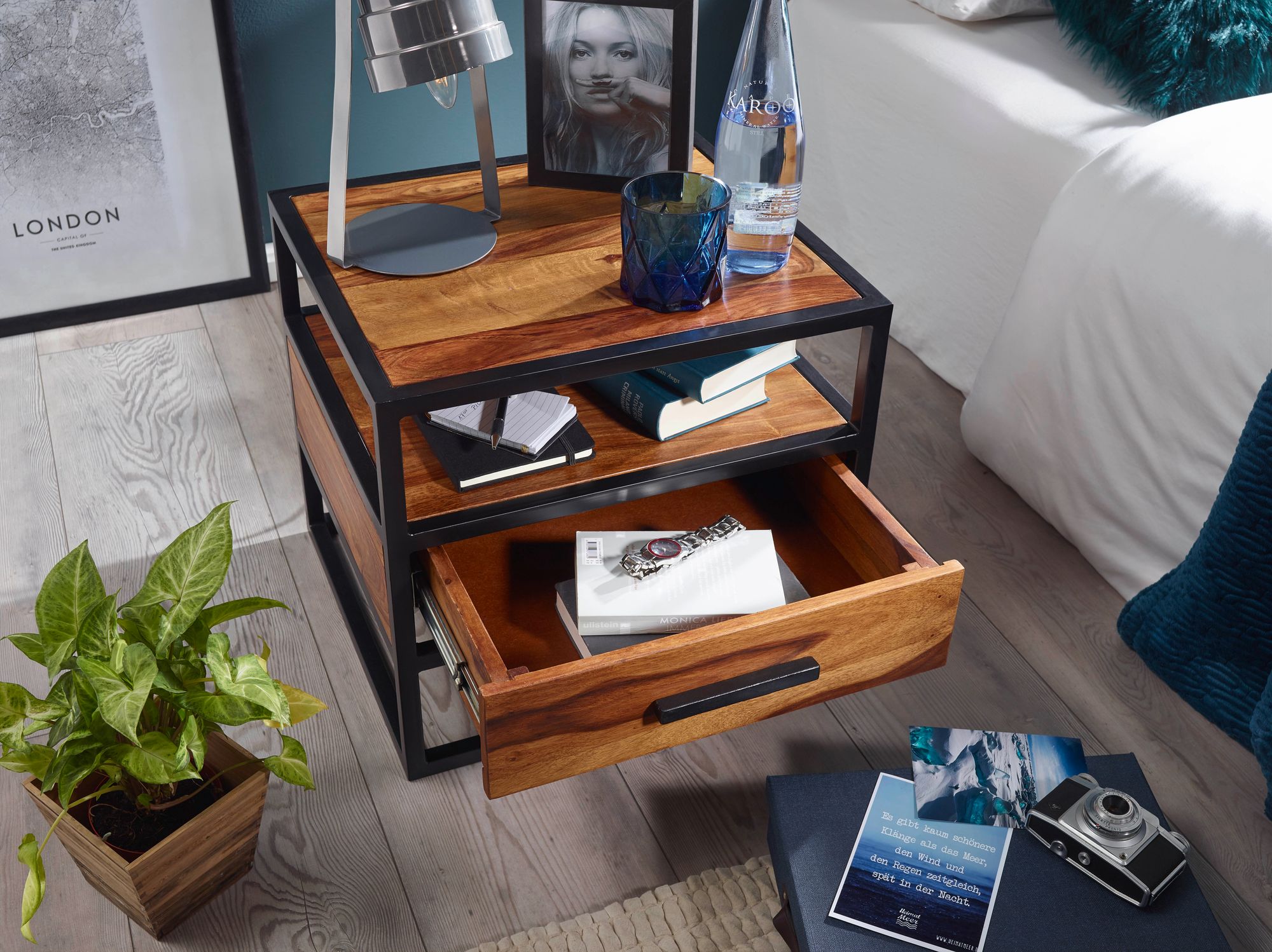 FineBuy Nachtkonsole Sheesham Massivholz mit Schublade & Ablage – Nachttisch im Industrial Design - Nachtkästchen handgefertigt fürs Schlafzimmer 50x45x45 cm | Farbe: Braun