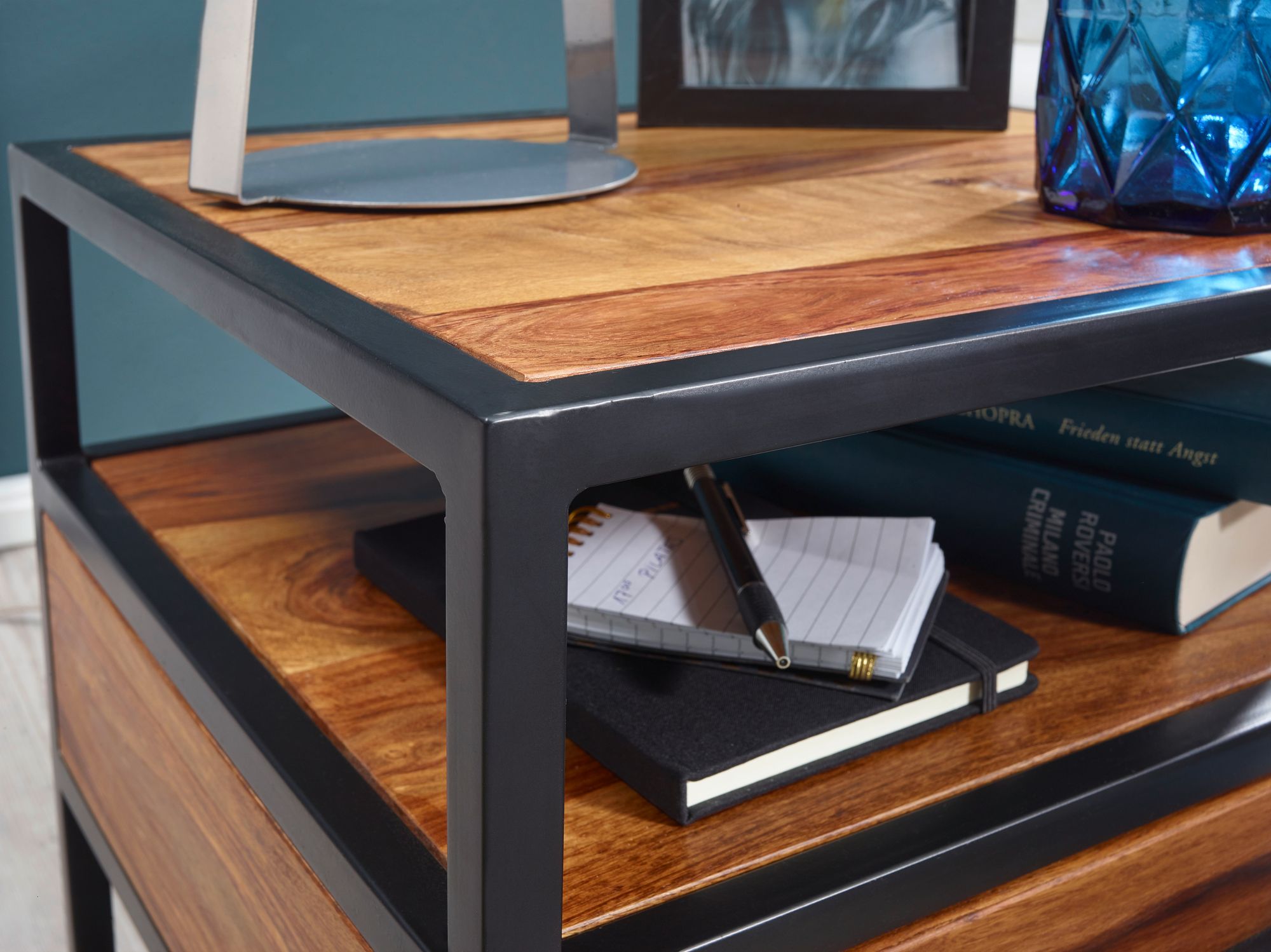 FineBuy Nachtkonsole Sheesham Massivholz mit Schublade & Ablage – Nachttisch im Industrial Design - Nachtkästchen handgefertigt fürs Schlafzimmer 50x45x45 cm | Farbe: Braun