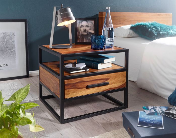 FineBuy Nachtkonsole FB51418 Sheesham Holz 50 x 45 x 45 cm Metall schwarz Nachttisch, Nachtkästchen mit Schublade Industrial Design, Industrie Nachtkommode Bett, Nachtschrank Nachtkasten braun 4250950287167