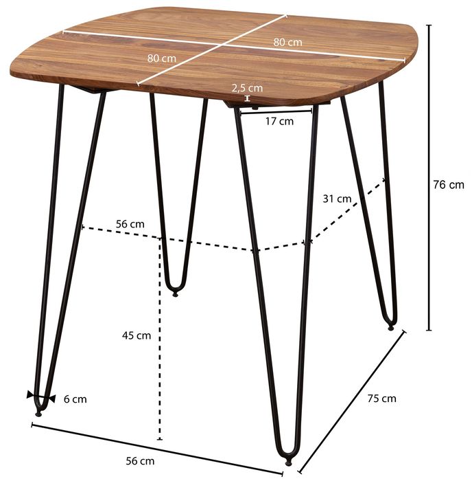 FineBuy Esszimmertisch Esstisch mit Metallbeinen Tisch Massivholz Holztisch – Maßzeichnung