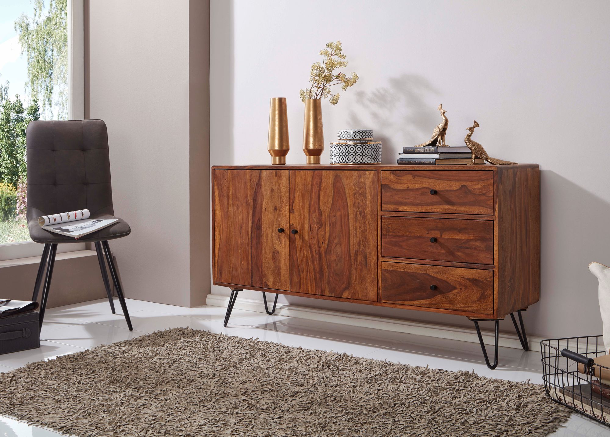 Massivholz Sideboard 145cm Sheesham Natur Kommode mit 2 Türen & 3 Schubladen modernes Design – Ansicht 2
