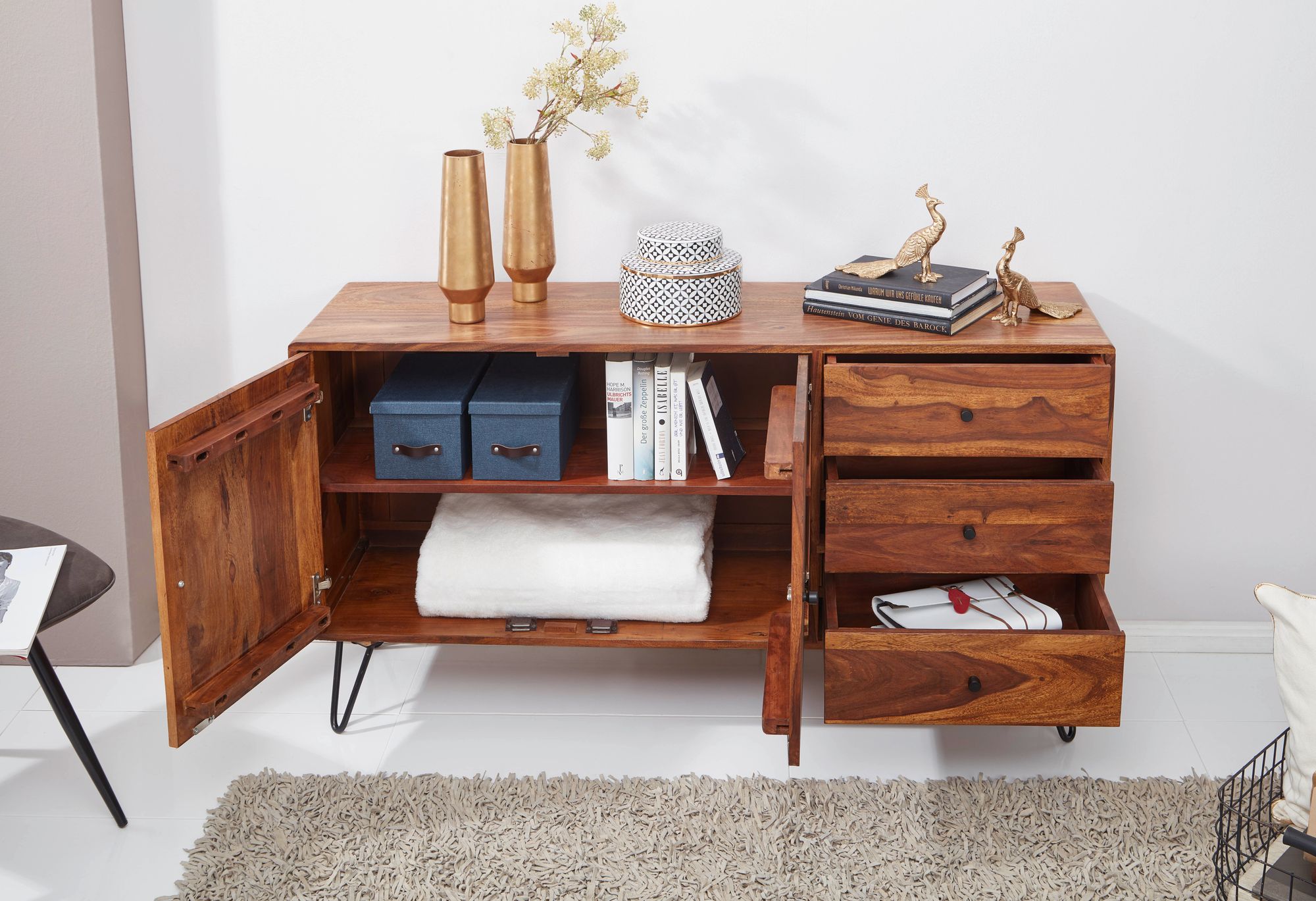 Massivholz Sideboard 145cm Sheesham Natur Kommode mit 2 Türen & 3 Schubladen modernes Design – Ansicht 4