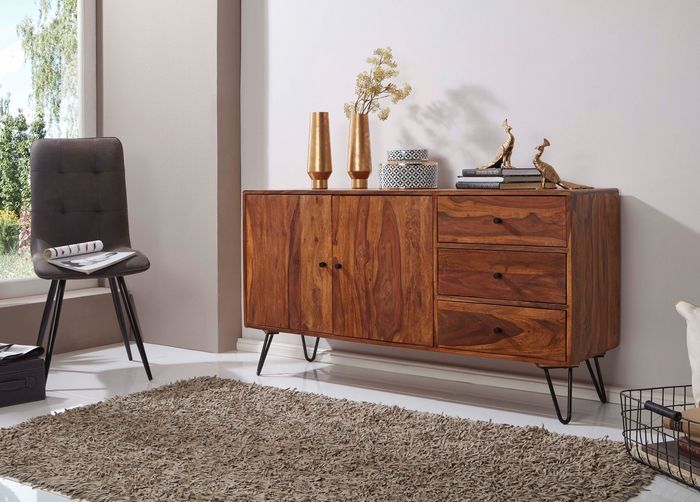 FineBuy Sideboard FB51420 Sheesham Massivholz 145x75x40 cm Landhaus Kommode, Design Anrichte mit 3 Schubladen & 2 Türen, Hohe Schubladenkommode Holz, Kommodenschrank Massiv Wohnzimmer 4250950287181