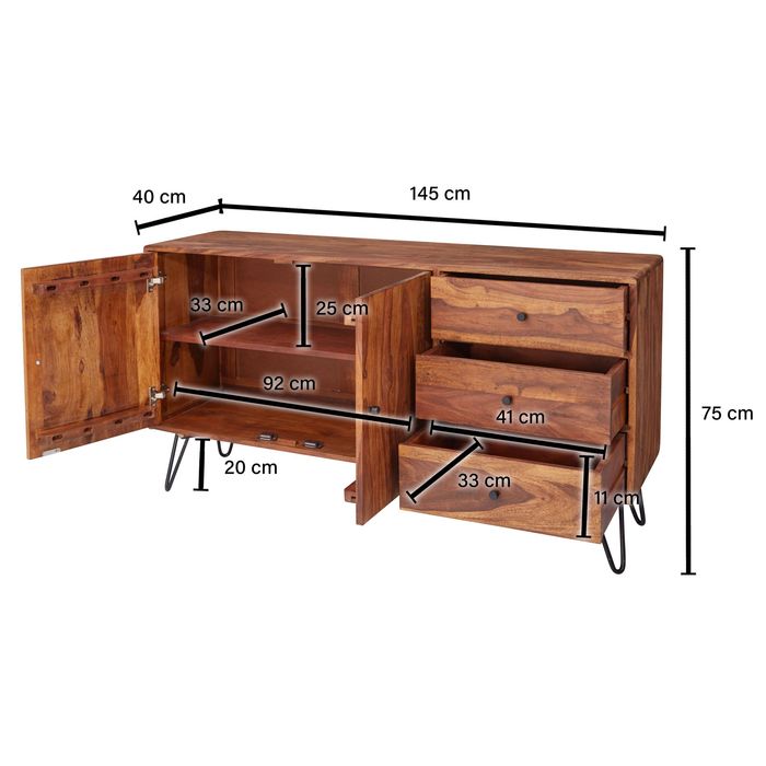 Massivholz Sideboard 145cm Sheesham Natur Kommode mit 2 Türen & 3 Schubladen modernes Design – Maßzeichnung