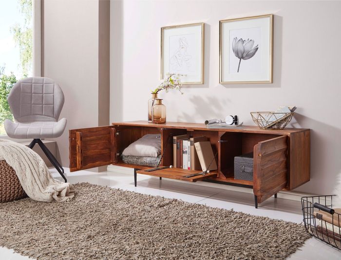 FineBuy HiFi Lowboard FB51426 Sheesham Massivholz Landhaus TV Kommode 147x50x38cm, Fernsehschrank Unterschrank mit 3 Türen, Fernsehtisch Ablagefach, Fernsehkommode TV Möbel 4250950287228